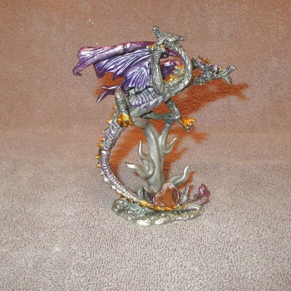 Pewter Dragon Iridescent 2 Headed Serpent Heart Crystal Winged Fantasy Figurine - Picture 2 of 11